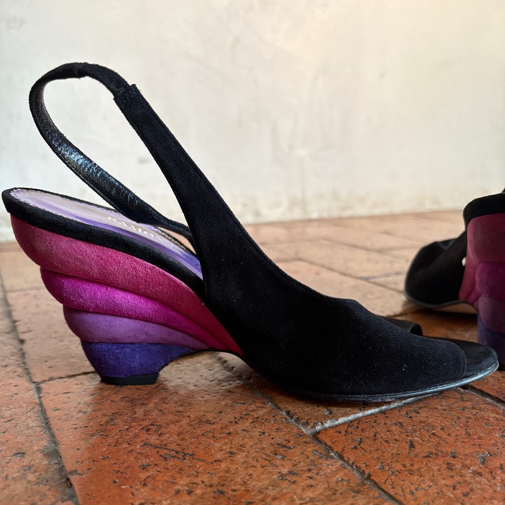 Size 8 Black suede Ramon Tenza wedge slingback shoes with a multicolo